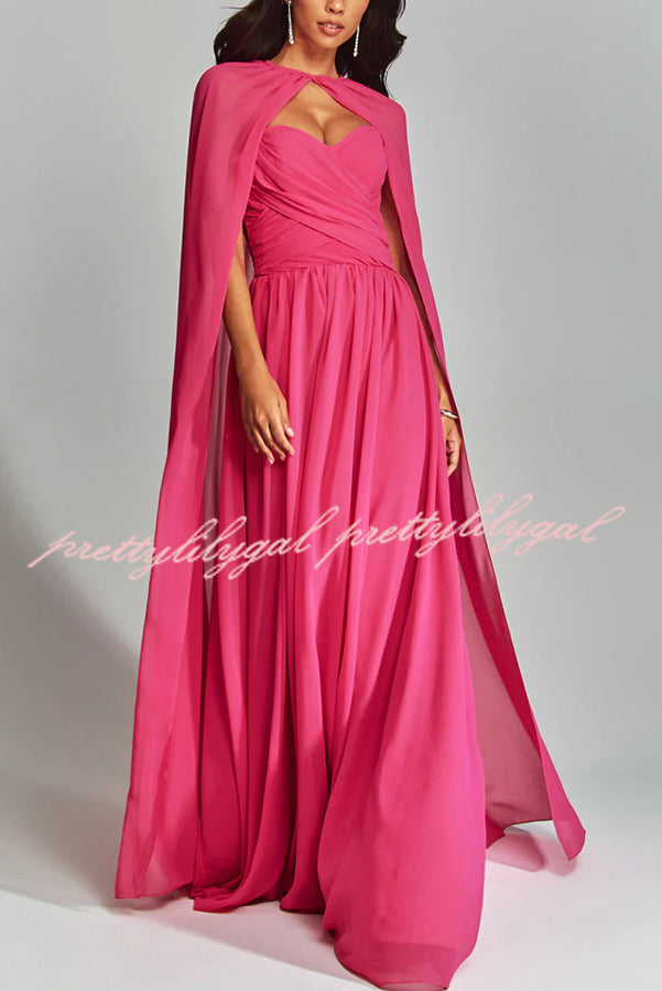 Romantic Party Chiffon Off Shoulder Sweetheart Neck Ruched Cape Maxi Dress