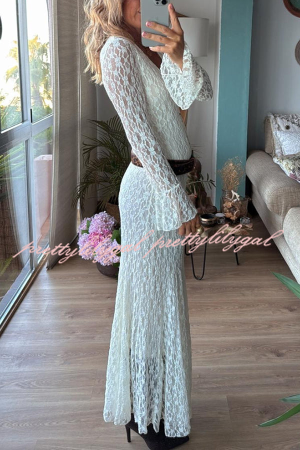 Aster Embroidered Lace Chiffon V-neck Long Bell Sleeve Stretch Flare Maxi Dress