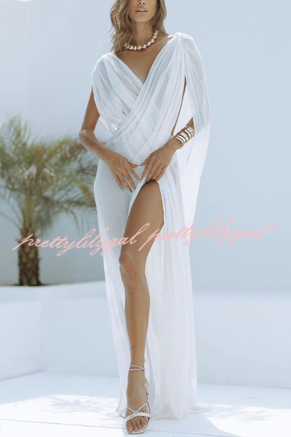 Enjoy Your Vacation Linen Blend Ruched Shoulder Drape Loose Cover Up Maxi Dress