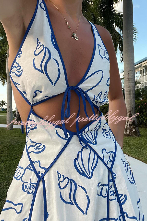 Love The Coastline Linen Blend Unique Print Cutout Tie-up Backless Maxi Dress