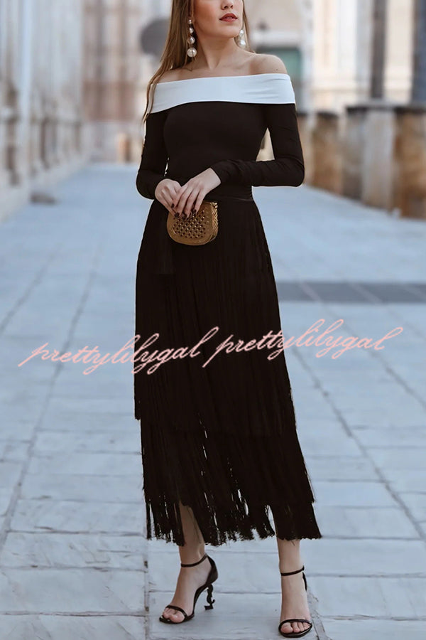 Elegant Tassel Hem Elastic Waist Casual Maxi Skirt