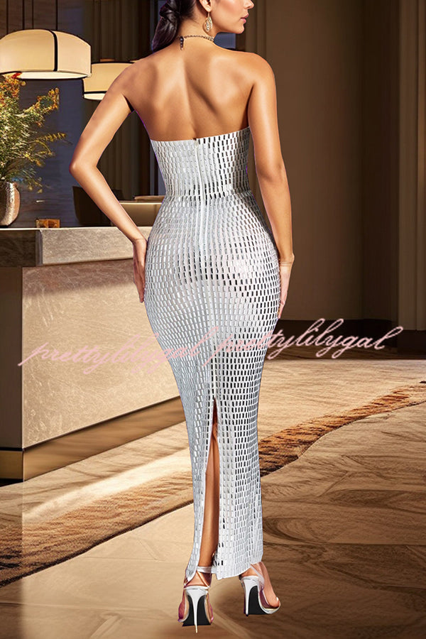 Flash Sculpture Rhinestone Embellished Bandeau Slit Stretch Maxi Dress