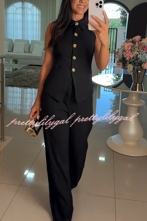 Fashion Lapel Sleeveless Button Vest and Casual Straight-leg Suit Pants Set