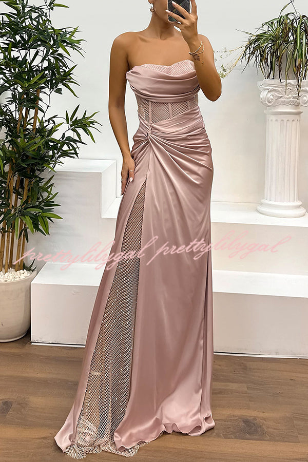 Audrey Satin Paneled Mesh Sequin Fabric Off Shoulder Ruched Drape Maxi Dress