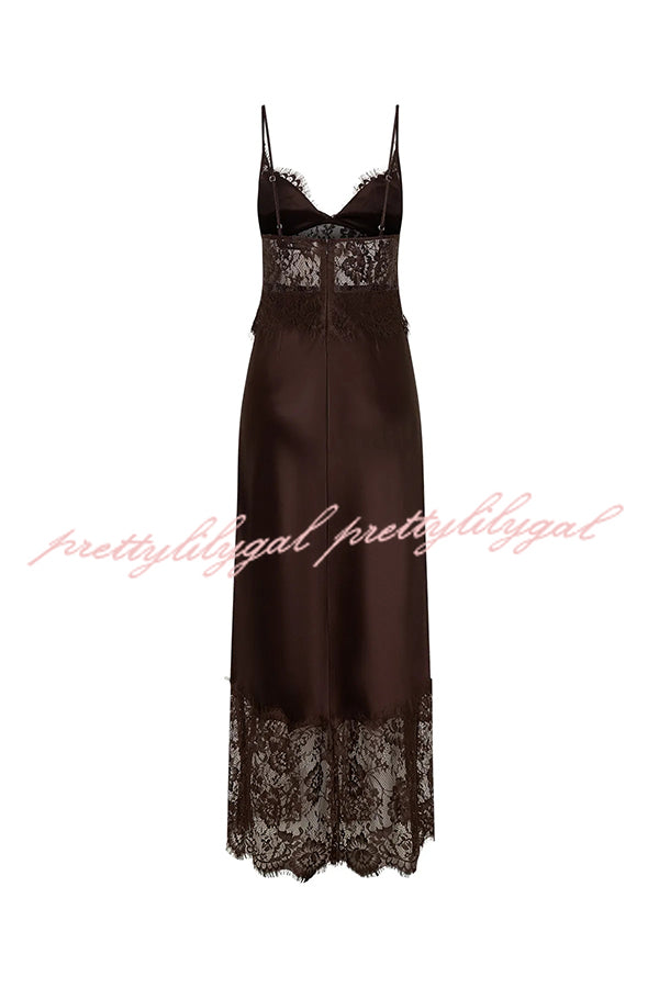 Elegant Evening Satin Lace Patchwork See-through Waist Slip Maxi Dress