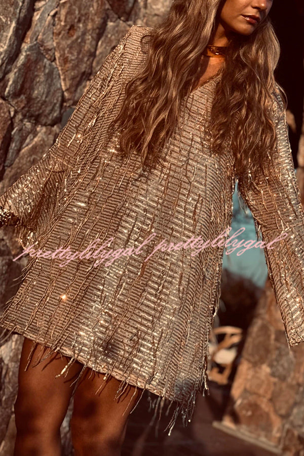 Flowing Shimmer Sequin Tassel Fabric Bell Sleeve Back Tie-up Loose Mini Dress