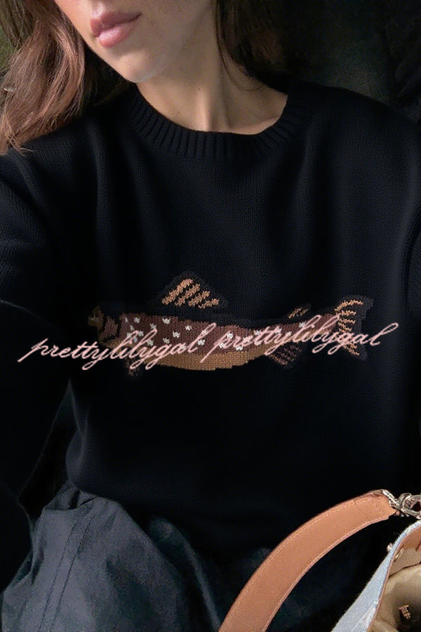 Fashionable Fish Pattern Round Neck Loose Knitted Sweater