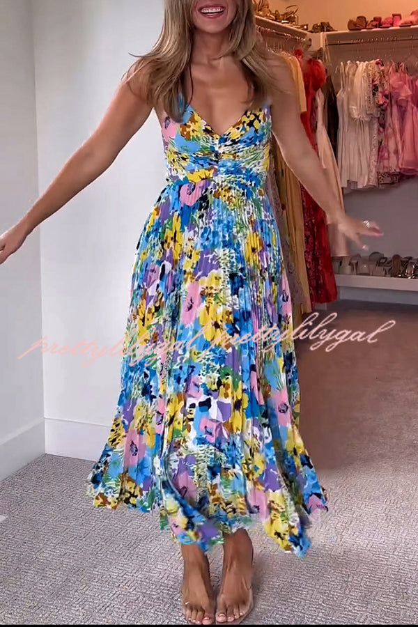 Wedding Party Season Floral Print Pleated Back Tie-up Midi Dress