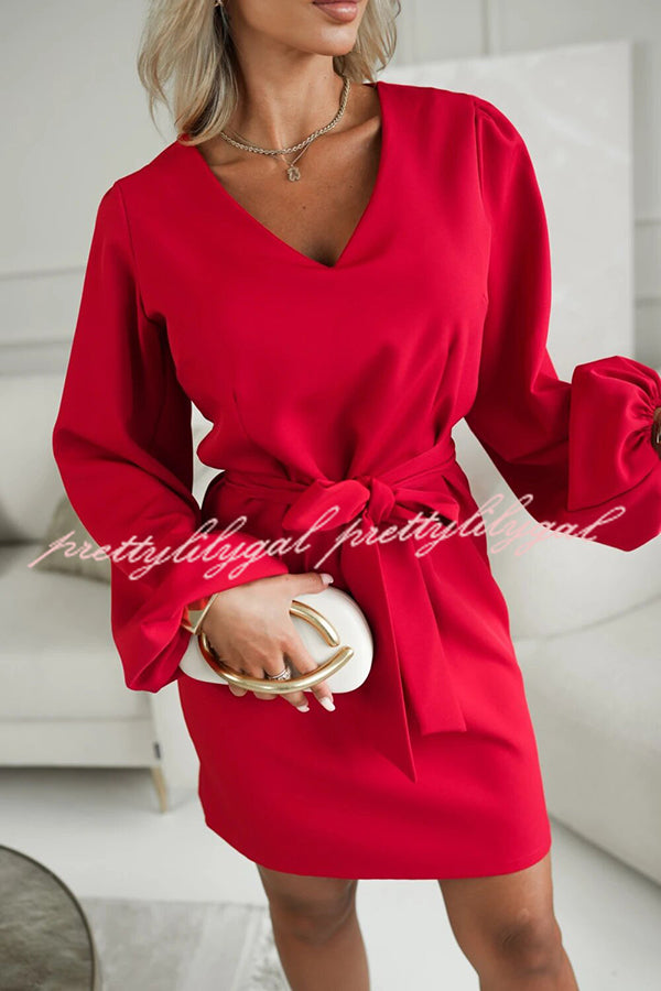 Holiday Gatherings V-neck Long Balloon Sleeve Tie-up Waist Loose Mini Dress
