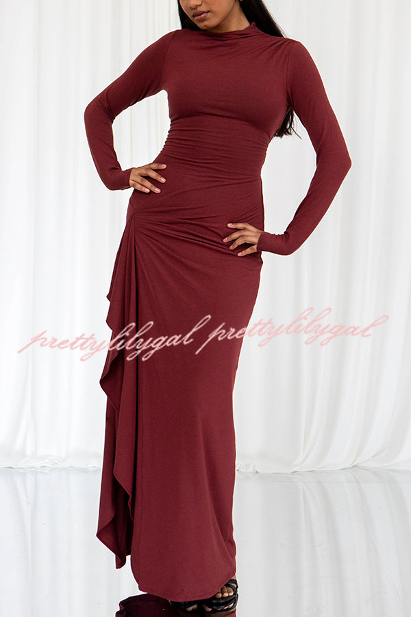 Venus Long Sleeve Ruched Side Slit Drape Ruffles Back Lace-up Stretch Maxi Dress