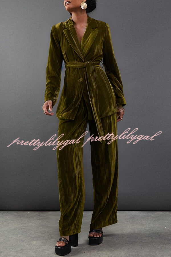 Solid Color Velvet Long-sleeved Waist Tie Top and Elastic Waist Casual Pocket Straight-leg Pants Set