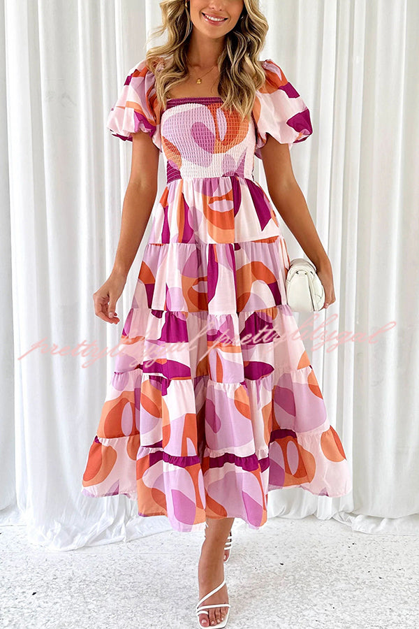 Petal Princess Unique Print Smocked Waist Puff Sleeve Midi Dress