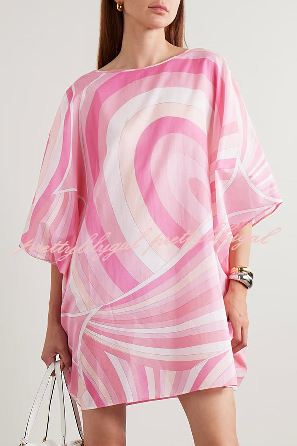 1970s Inspired Chiffon Unique Print Half Sleeve Kaftan Loose Mini Dress