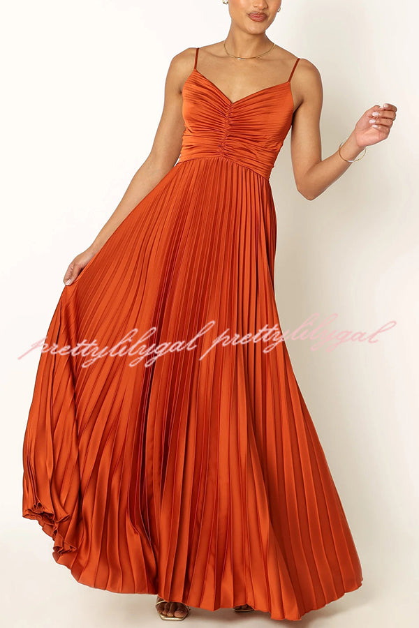 Catch The Light Satin Pleated V-neck Slip Maxi Dress