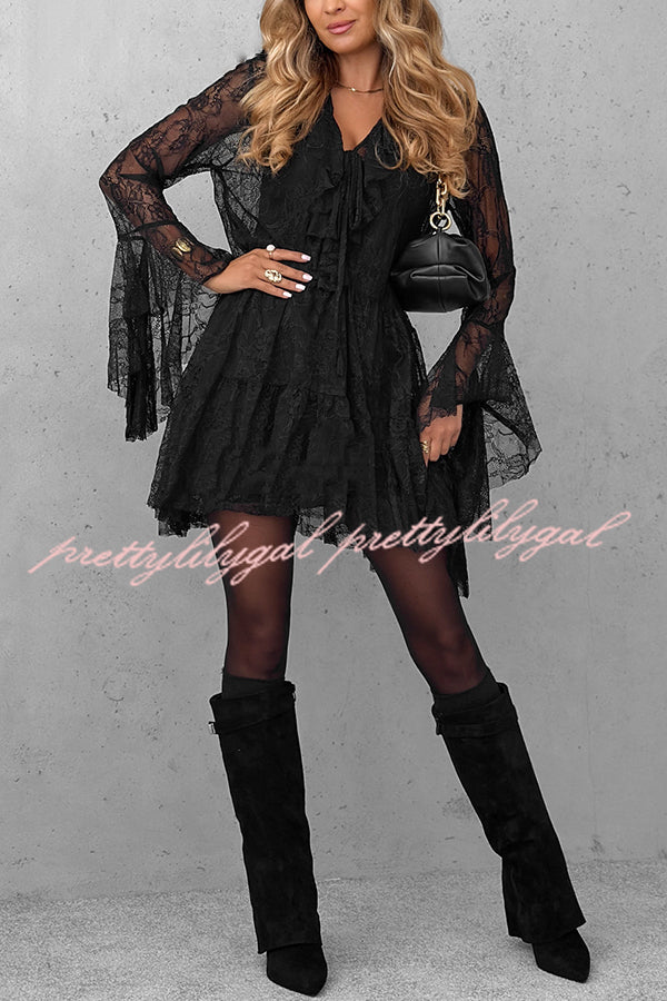 Feeling Lighthearted Lace Ruffle Neck Bell Sleeve Layered Hem A-line Mini Dress