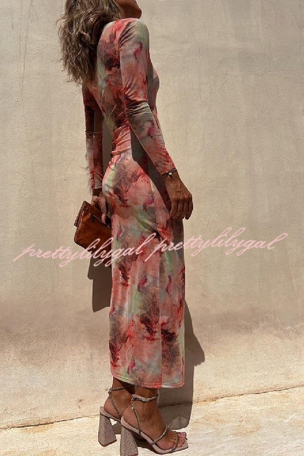 Charm Lady Mesh Overlay Tie Dye Print Long Sleeve Ruched Stretch Midi Dress