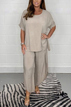 Solid Color Round Neck Short-sleeved Loose Top and Elastic Waist Casual Pants Set