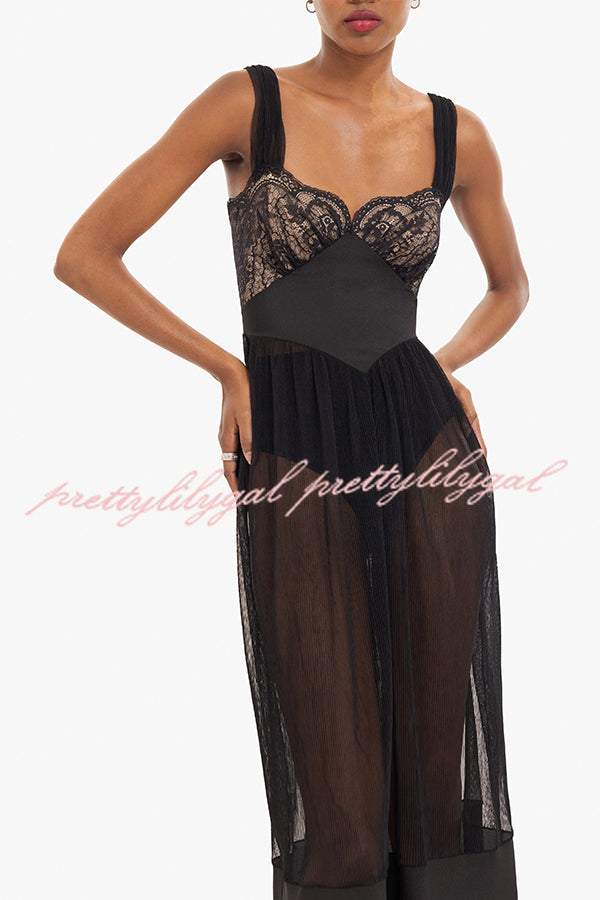 Romantic and Modern Lace Tulle Patchwork Waisted Midi Dress