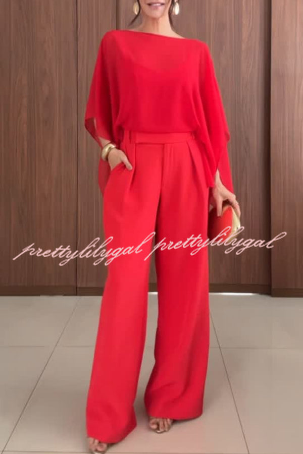 Vanie Chiffon Cape Batwing Sleeve Top and High Waist Pocket Wide Leg Pants Set