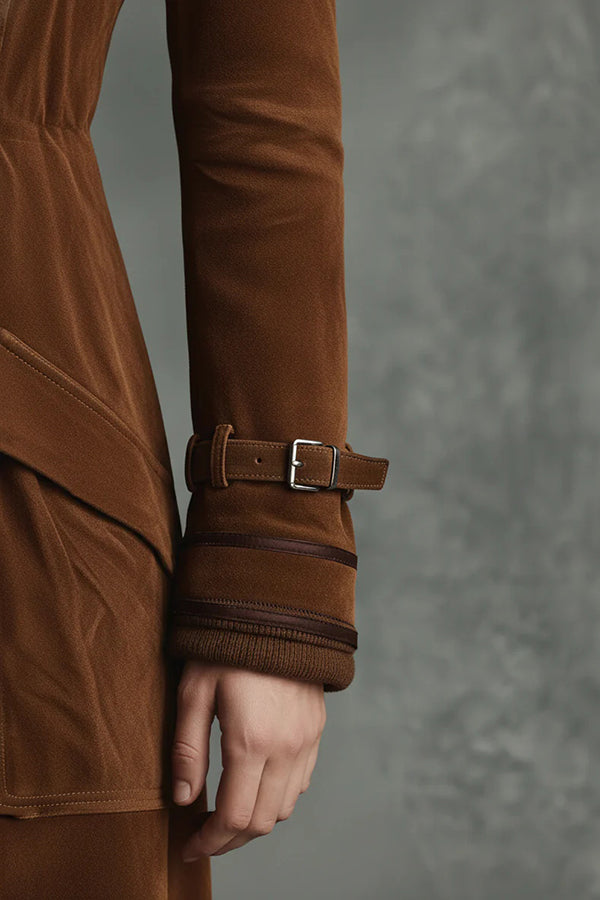 Stylish Suede Lapel Button Casual Pocket Long Trench Coat