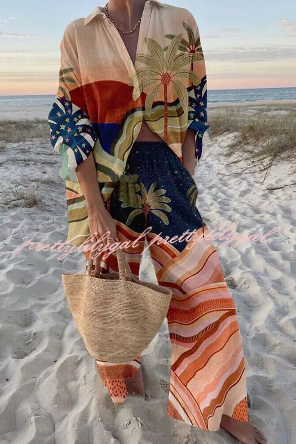 Sunset Atmosphere Palm Print Oversized Blouse and Elastic Waist Pocketed Pants Set