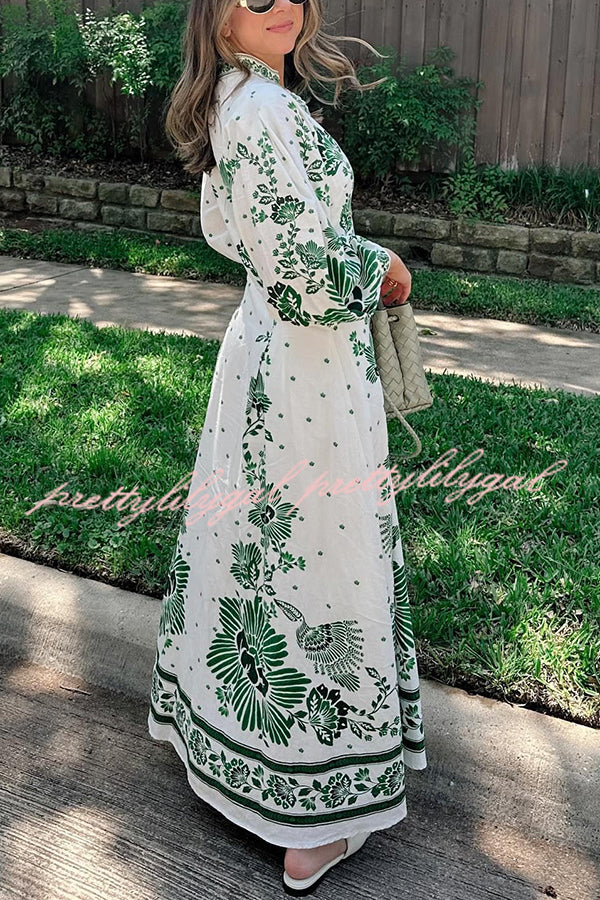 Forest Soul Unique Print Button Down Long Sleeve Shirt Maxi Dress