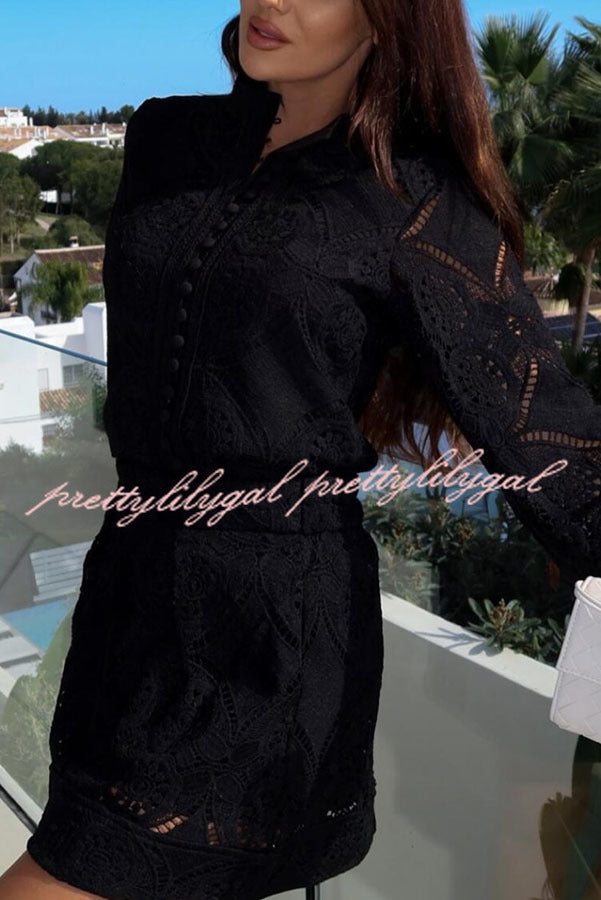 Unique Crochet Lace Long Sleeve Button Blouse and High Rise Skirt Set