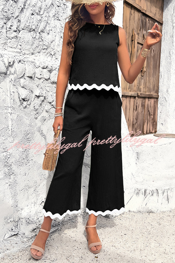 Wave Trimmed Round Neck Buttoned Elastic Waist Pants Suit