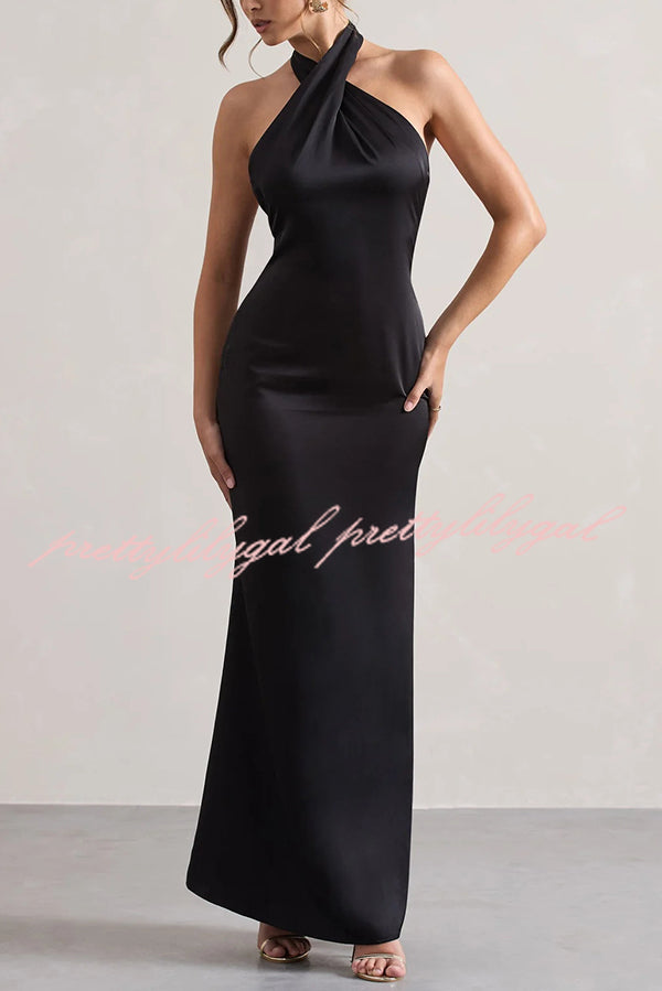 Solid Color Halter Neck Tie Sexy Backless Slim Maxi Dress