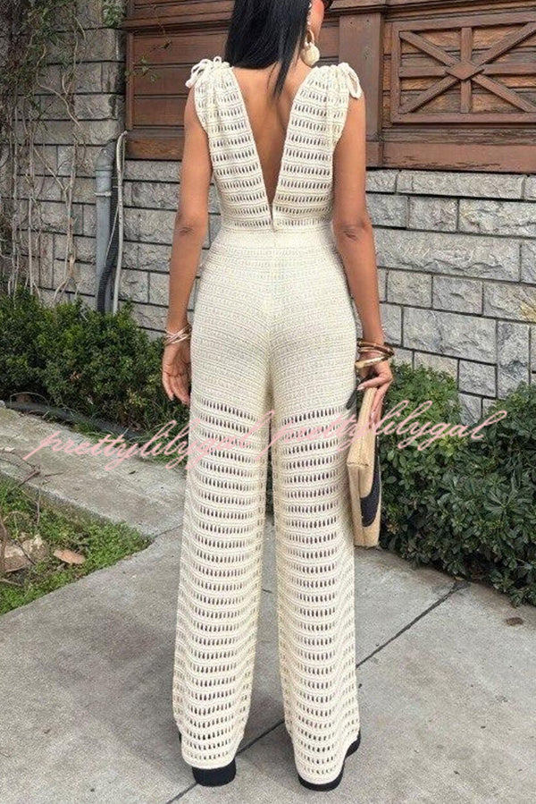 Solid Color Knitted V-neck Holiday Hollow Casual Jumpsuit