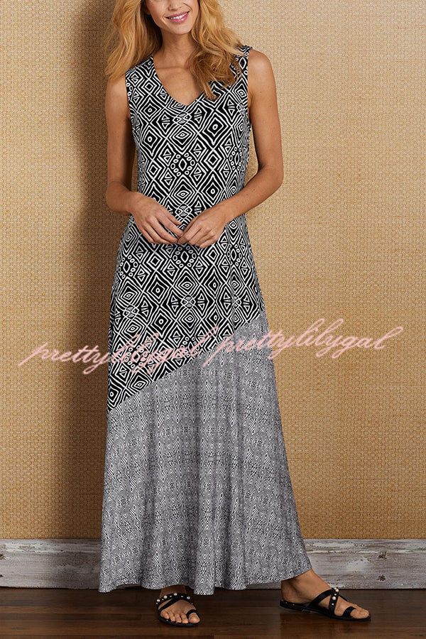 Elegant and Unique Printed V Neck Maxi Dress