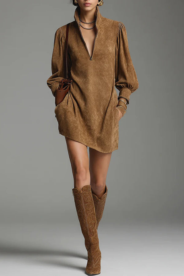 Stylish Loose-fitting Suede Zip-up V-neck Mini Dress