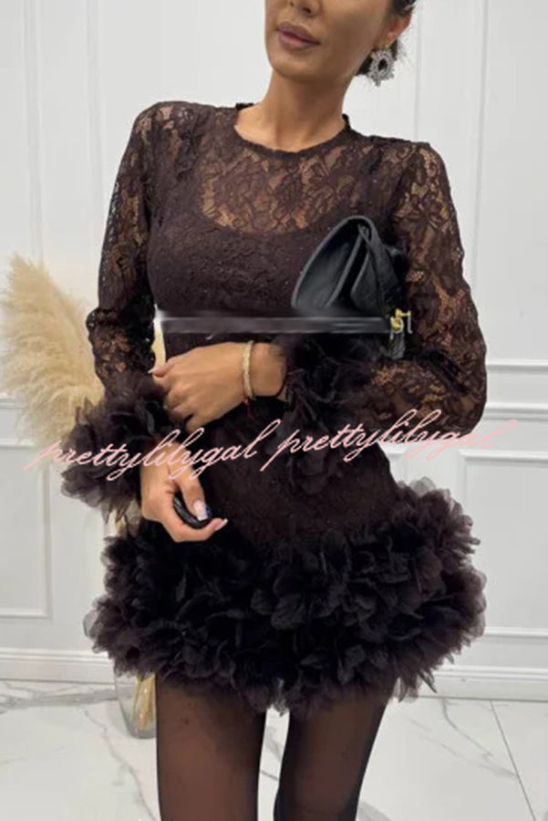 Alyssa Lace Fabric Tulle Layered Petals Trim Long Sleeve Mini Dress