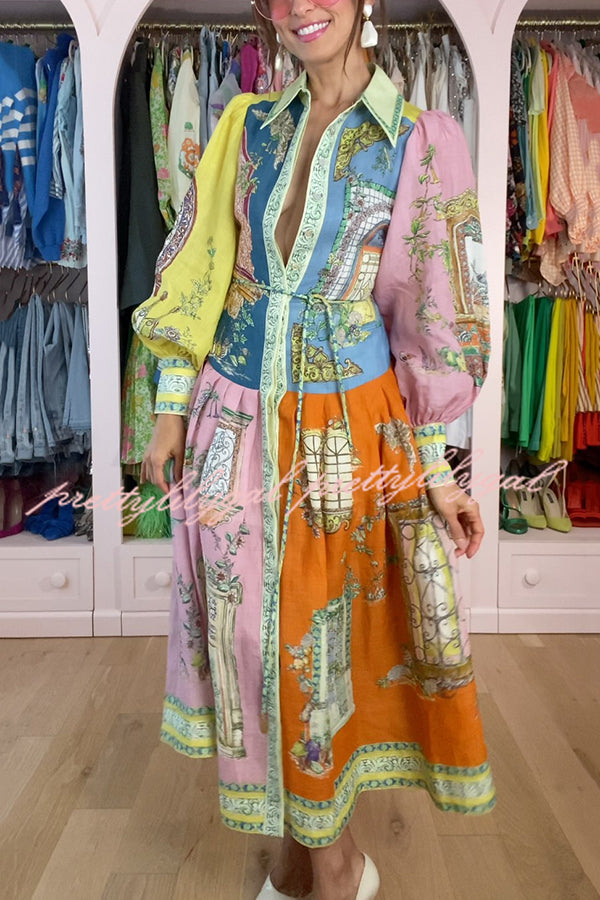 Unique Print Lapel Lantern Sleeve Single Breasted Tie Waist Midi Dress