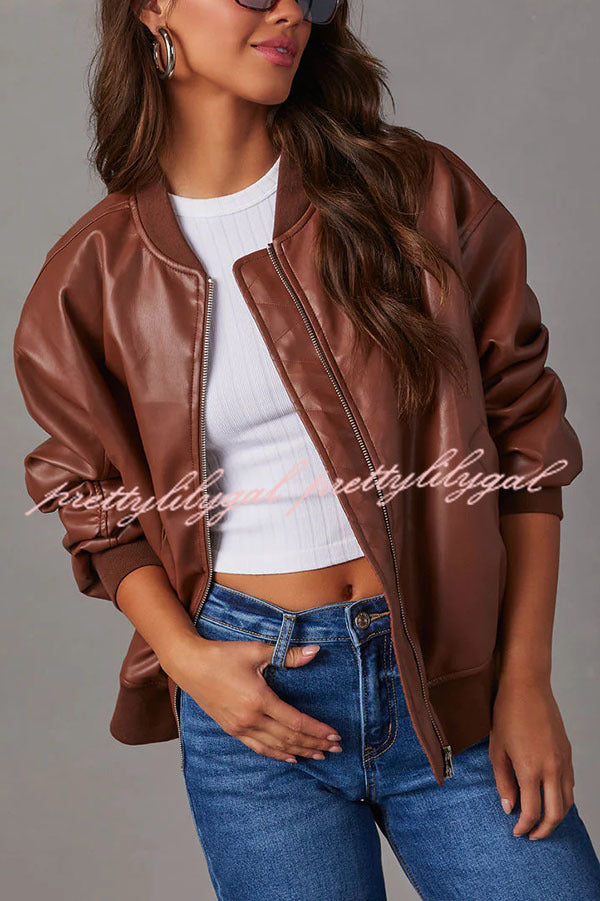 Solid Color Long Sleeve Loose Pocket Leather Jacket