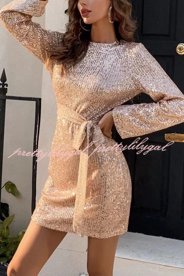 Fashion Sequined Tie Waist Slim Backless Mini Dress