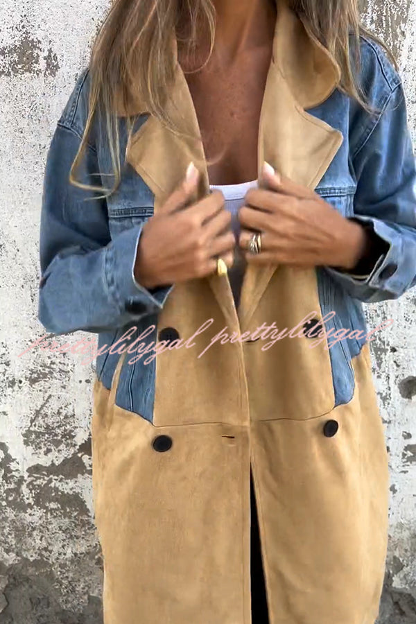 Fashion Lapel Long Sleeve Pocket Mid-length Denim Patchwork Jacket