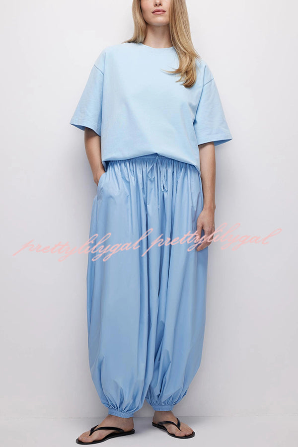 Solid Color Casual Pocket Elastic Waist Lantern Wide Leg Pants