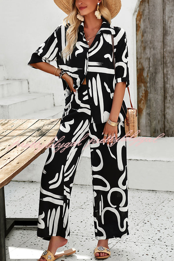 Irregular Printed Button Pocket Long Sleeved Shirt and Elastic Waist Pants Set