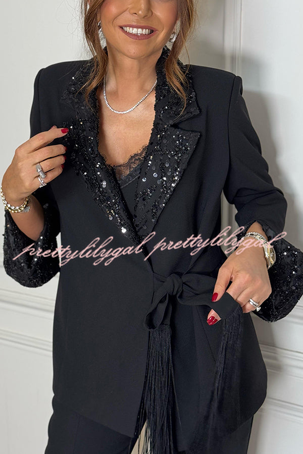 Social Time Embroidered Sequin Patchwork Tassel Belt Detail Lapel Party Blazer