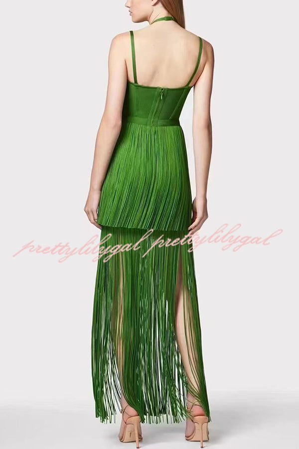 Sexy Halterneck Open Back Elegant Tassel Slim Maxi Dress