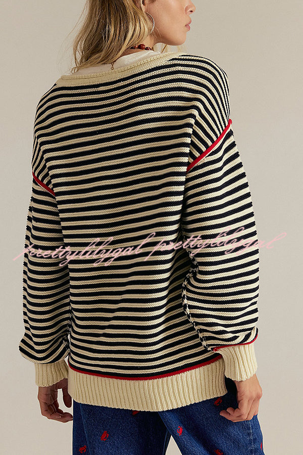 Fashion Striped Colorblock Loose Round Neck Long-sleeved Knitted Sweater