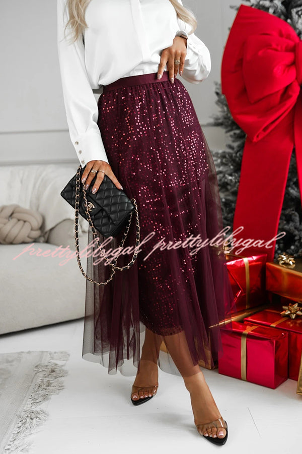 Party Daydream Sequin Tulle High Rise Elastic Waist Maxi Skirt