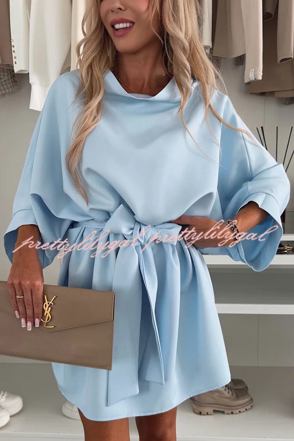 Solid Color Loose Round Neck Belted Mini Dress