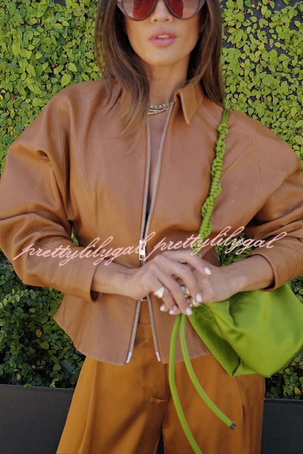 Pop of Brown Faux Leather Double Zipper Detail Balloon Sleeve Lapel Jacket