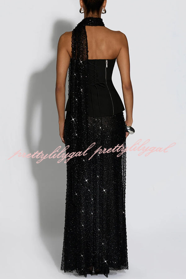 Oakley Corset Strapless Top and Sequin High Rise Maxi Skirt Scarf Set