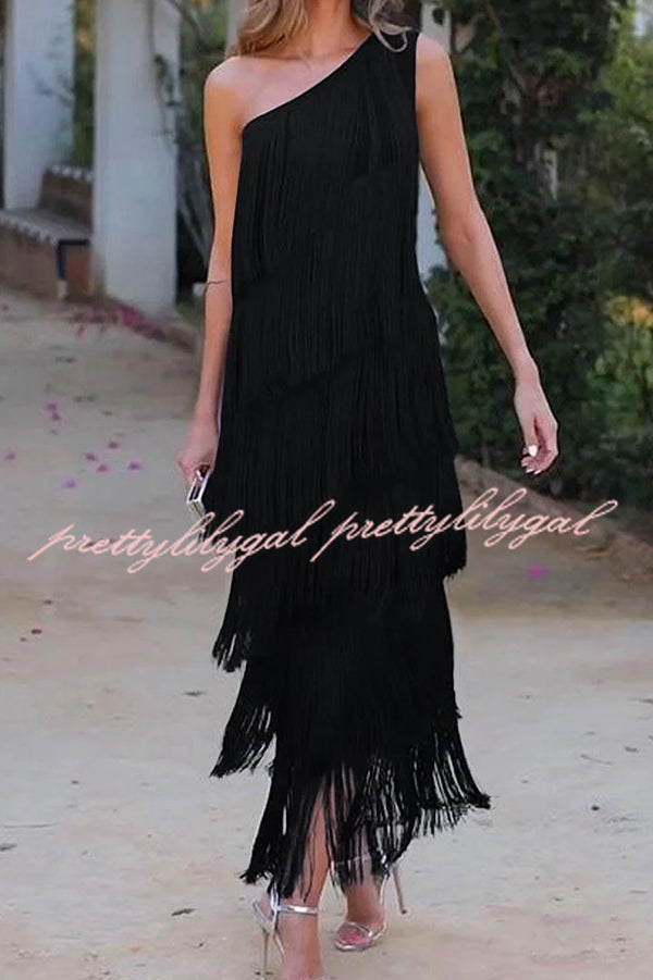 Stylish Fringed One Shoulder Asymmetric Midi Dress