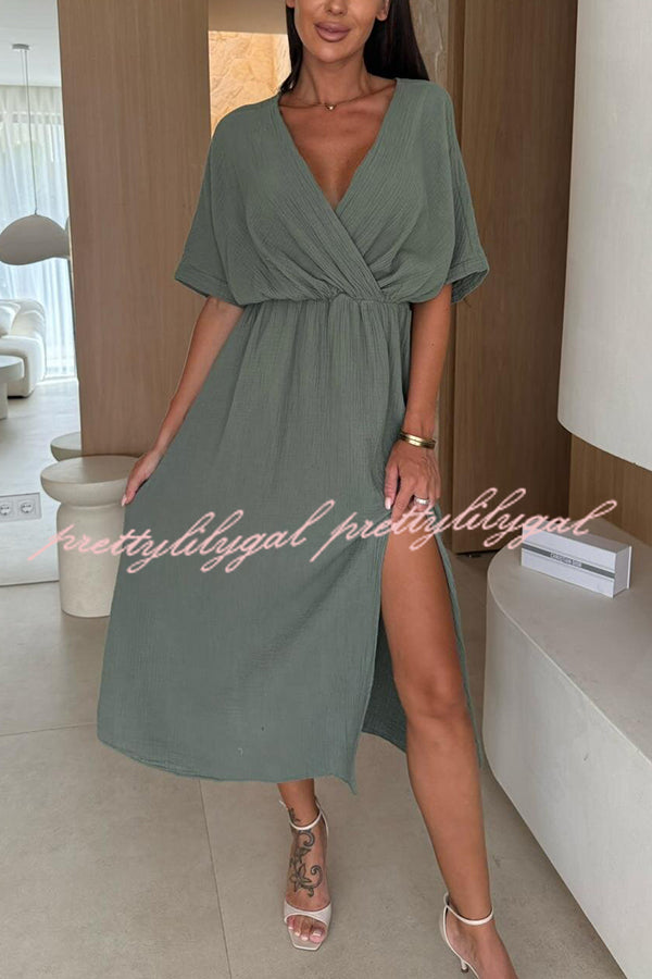 Linen Blend Solid Color V-neck Short Sleeve Waist Loose Slit Midi Dress