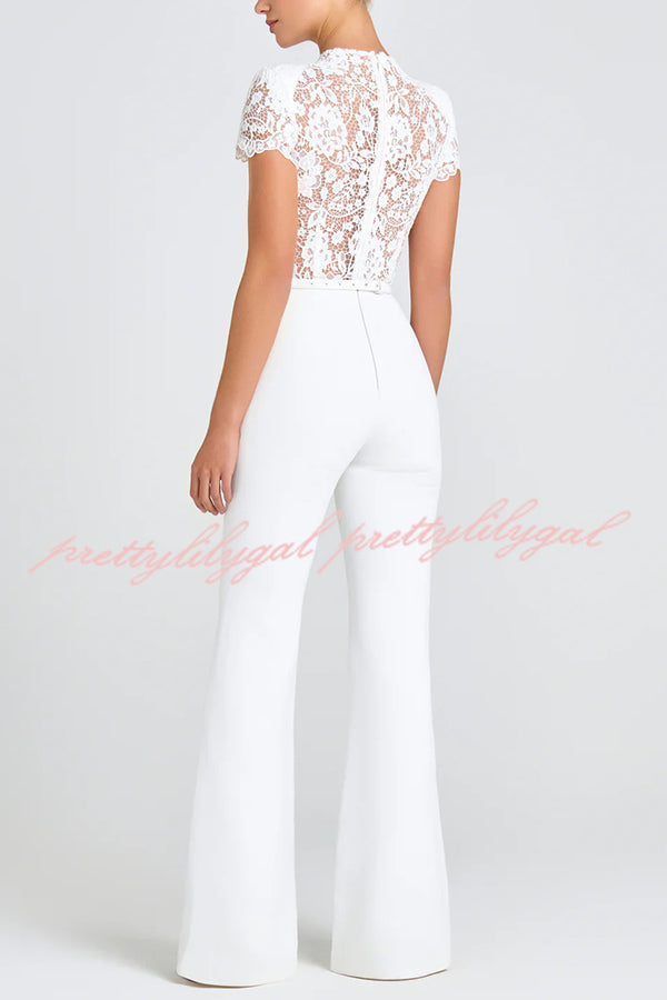 Party Charmer Flower Lace Patchwork Short Sleeve Bow Belted Flare Jumpsuit