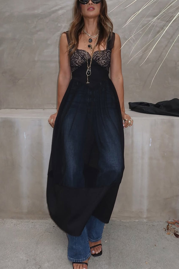 Romantic and Modern Lace Tulle Patchwork Waisted Midi Dress